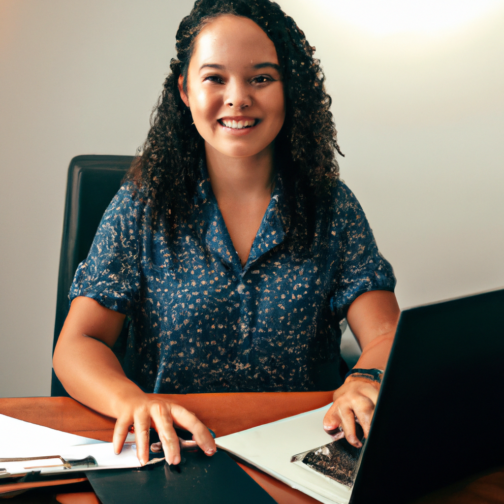 Mulher profissional sorrindo em escritório moderno com vista para cidade